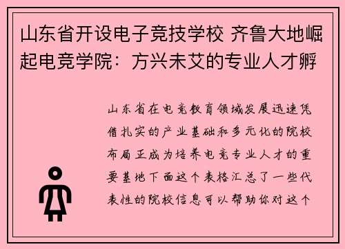山东省开设电子竞技学校 齐鲁大地崛起电竞学院：方兴未艾的专业人才孵化基地
